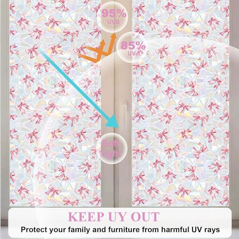 Pink Bow Window Privacy Film 3D Stained Glass Rainbow Decal Coquette & Preppy Non-Adhesive Static Cling Sticker Decor for Women Girls Bathroom Bedroom Kitchen 16.5 x 78.7 Inch in Kuwait