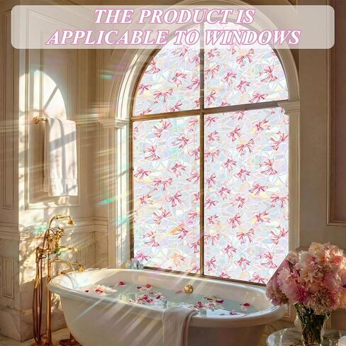 Pink Bow Window Privacy Film 3D Stained Glass Rainbow Decal Coquette & Preppy Non-Adhesive Static Cling Sticker Decor for Women Girls Bathroom Bedroom Kitchen 16.5 x 78.7 Inch in Kuwait