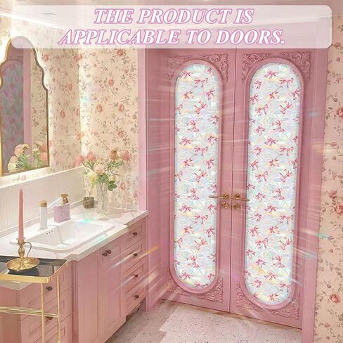 Pink Bow Window Privacy Film 3D Stained Glass Rainbow Decal Coquette & Preppy Non-Adhesive Static Cling Sticker Decor for Women Girls Bathroom Bedroom Kitchen 16.5 x 78.7 Inch in Kuwait