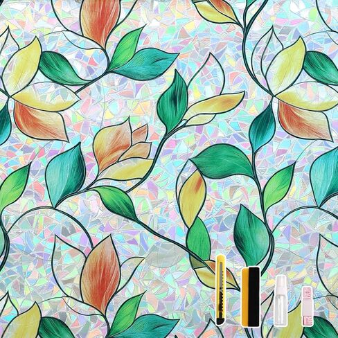 طبقة الخصوصية للنافذة من Finnez، طبقة نافذة من الزجاج الملون بألوان قوس قزح، غطاء خصوصية غير لاصق لحمام المكتب المنزلي، قابل للإزالة وإعادة الاستخدام (أوراق ملونة، 17.5 × 78.7 بوصة) in Kuwait