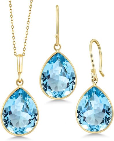 Gem Stone King 14K Yellow Gold Blue Topaz Pear Shape Pendant and Earring Set for Women | 27.00 Cttw | Gemstone Birthstone | With 18 Inch Chain in Saudi Arabia