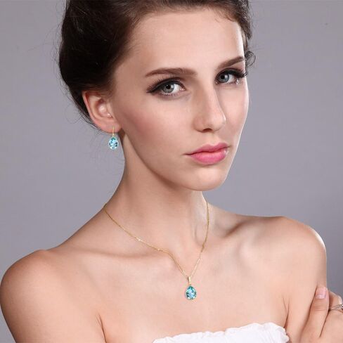 Gem Stone King 14K Yellow Gold Blue Topaz Pear Shape Pendant and Earring Set for Women | 27.00 Cttw | Gemstone Birthstone | With 18 Inch Chain in Saudi Arabia