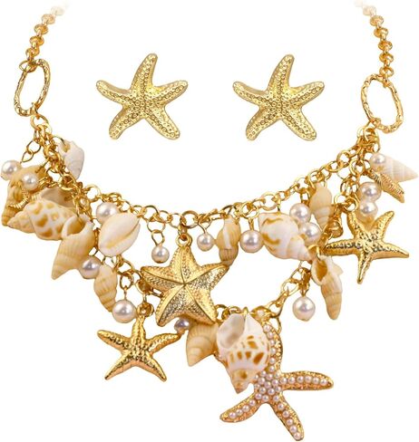 إكسسوارات زي حورية البحر من Sofeavo للنساء - قلادة على شكل صدفة وأقراط نجم البحر - مجوهرات حورية البحر على الشاطئ على شكل صدفة لحفلات الهالوين والحفلات التنكرية in Kuwait
