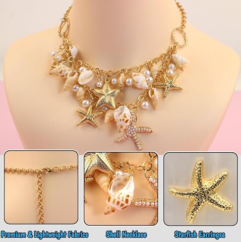 إكسسوارات زي حورية البحر من Sofeavo للنساء - قلادة على شكل صدفة وأقراط نجم البحر - مجوهرات حورية البحر على الشاطئ على شكل صدفة لحفلات الهالوين والحفلات التنكرية in Kuwait