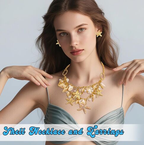 إكسسوارات زي حورية البحر من Sofeavo للنساء - قلادة على شكل صدفة وأقراط نجم البحر - مجوهرات حورية البحر على الشاطئ على شكل صدفة لحفلات الهالوين والحفلات التنكرية in Kuwait