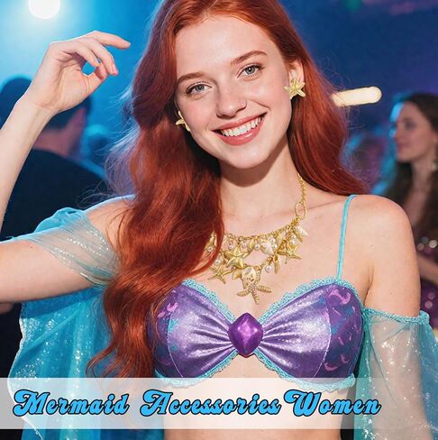 إكسسوارات زي حورية البحر من Sofeavo للنساء - قلادة على شكل صدفة وأقراط نجم البحر - مجوهرات حورية البحر على الشاطئ على شكل صدفة لحفلات الهالوين والحفلات التنكرية in Kuwait