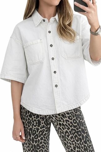 Kedera Women's Denim Shirt Casual Button Down Short Sleeve Jean Shirts Casual Top Outfits Trendy in Saudi Arabia