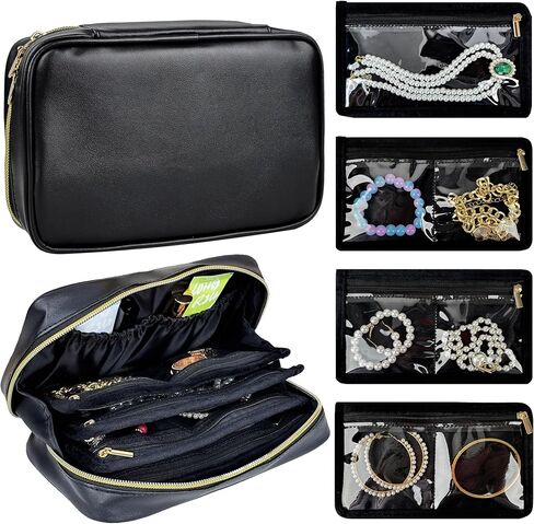 حقيبة تنظيم مجوهرات السفر، حقائب مجوهرات صغيرة للسفر، حقيبة مجوهرات مع 14 قطعة جيوب مخملية شفافة بسحاب لتخزين الأقراط والخواتم والقلادة والسوار والساعة in Kuwait