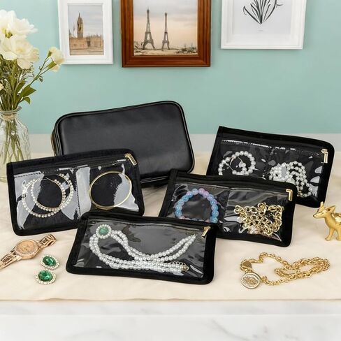 حقيبة تنظيم مجوهرات السفر، حقائب مجوهرات صغيرة للسفر، حقيبة مجوهرات مع 14 قطعة جيوب مخملية شفافة بسحاب لتخزين الأقراط والخواتم والقلادة والسوار والساعة in Kuwait