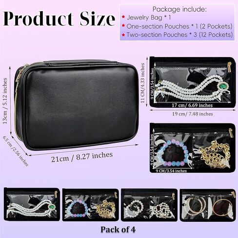 حقيبة تنظيم مجوهرات السفر، حقائب مجوهرات صغيرة للسفر، حقيبة مجوهرات مع 14 قطعة جيوب مخملية شفافة بسحاب لتخزين الأقراط والخواتم والقلادة والسوار والساعة in Kuwait