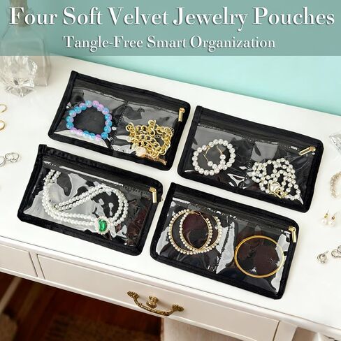 حقيبة تنظيم مجوهرات السفر، حقائب مجوهرات صغيرة للسفر، حقيبة مجوهرات مع 14 قطعة جيوب مخملية شفافة بسحاب لتخزين الأقراط والخواتم والقلادة والسوار والساعة in Kuwait