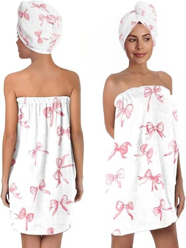TURTLEDOVE Pink Bow Bath Wrap Set with Hair Turban, Absorbent Microfiber Spa Towel Wrap, Towel Robe for Women in Saudi Arabia