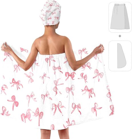 TURTLEDOVE Pink Bow Bath Wrap Set with Hair Turban, Absorbent Microfiber Spa Towel Wrap, Towel Robe for Women in Saudi Arabia