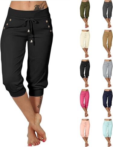 سراويل كابري النسائية عالية الخصر برباط كابري Sweatpants 2026 الصيف بسط عادية المشي لمسافات طويلة اليوغا Capris مع جيوب in Kuwait