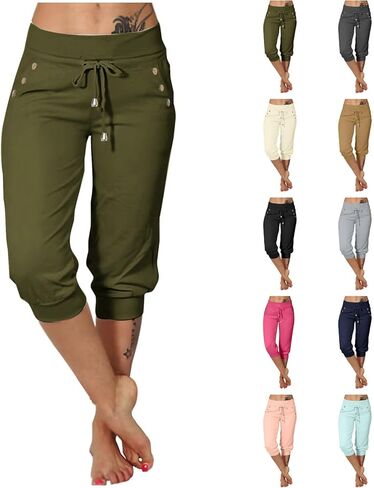 سراويل كابري النسائية عالية الخصر برباط كابري Sweatpants 2026 الصيف بسط عادية المشي لمسافات طويلة اليوغا Capris مع جيوب in Kuwait