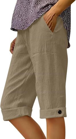 Cotton Linen Capri Pants for Women 2026 Summer Knee Length Shorts with Pockets Straight Leg Loose Beach Shorts in Saudi Arabia