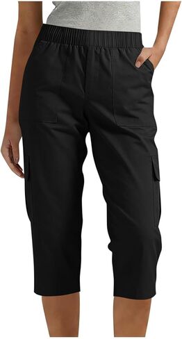 Capris Pants for Women High Waisted Relaxed Fit Elastic Waist Casual Capris Trousers Cropped Chino Pants with Pockets in Saudi Arabia