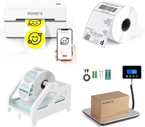 MUNBYN 130B Bluetooth Thermal Label Printer+Thermal Direct Shipping Label (Pack of 500 4x6 Per Roll Labels)+White Label Holder in Saudi Arabia