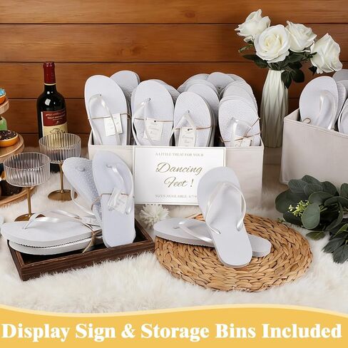 مجموعة 48 زوجًا من شبشب ضيوف حفل الزفاف، شبشب أبيض للاستعمال مرة واحدة مع 2 صندوق تخزين قابل للطي من القطن والكتان، لافتة عرض واحدة لصنادل حفلات حمام السباحة والشاطئ in Kuwait