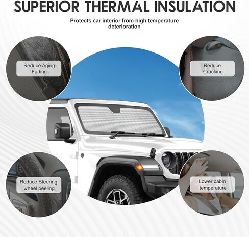 مظلة شمسية للزجاج الأمامي متوافقة مع Jeep Wrangler JL 2018-2025 وGladiator 2020-2025، حماية من الأشعة فوق البنفسجية، تحافظ على برودتها، تقلل من بهتان الشيخوخة، ذاتية التدحرج وسهلة التخزين in Saudi Arabia
