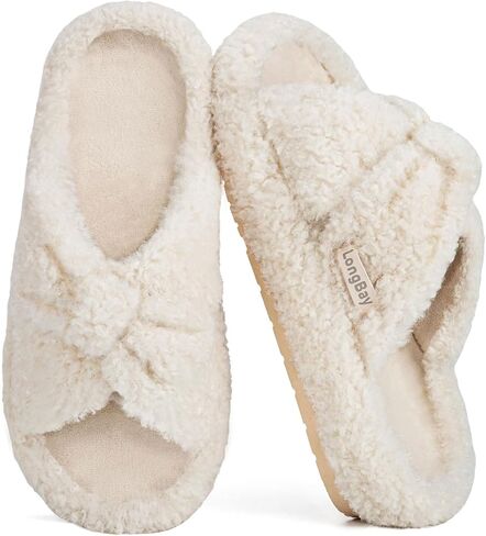 LongBay Womens Fuzzy Slippers Open Toe Memory Foam Supportive House Shoes Bow Crossbands Indoor Bedroom Slides Gift in Saudi Arabia