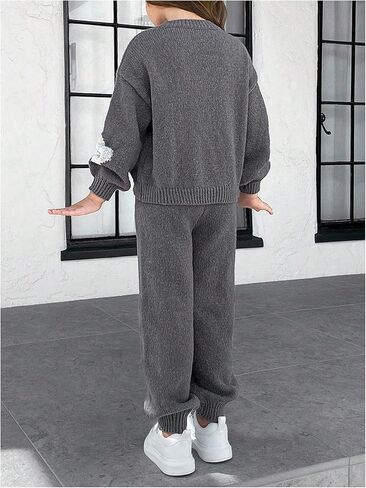 SHENHE Girl's Knit Set 2 Piece Fall Outfits Floral Crewneck Sweater Jumper and Joggers Pants Set in Saudi Arabia