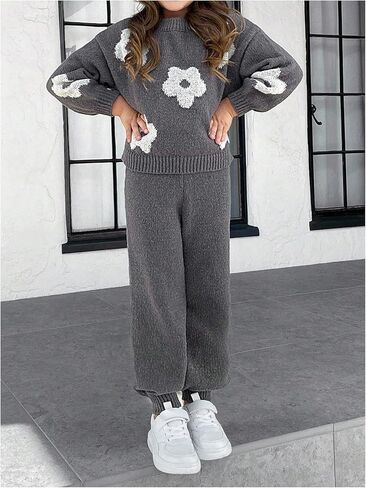 SHENHE Girl's Knit Set 2 Piece Fall Outfits Floral Crewneck Sweater Jumper and Joggers Pants Set in Saudi Arabia