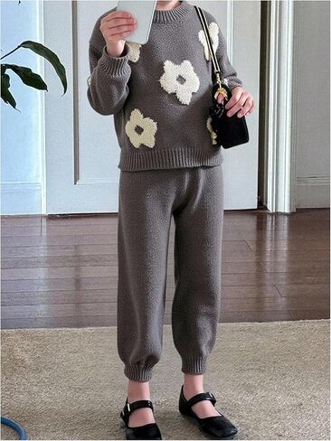 SHENHE Girl's Knit Set 2 Piece Fall Outfits Floral Crewneck Sweater Jumper and Joggers Pants Set in Saudi Arabia