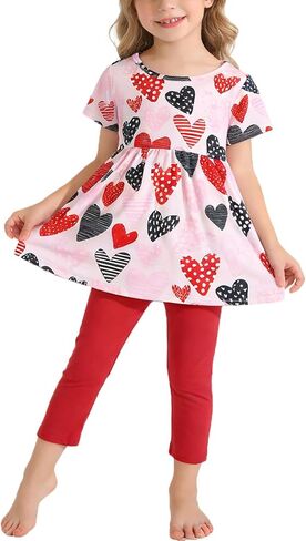 طقم سراويل للفتيات الصغيرات طقم ملابس قلوب الحب طقم فستان مكشكش وسروال طقم ملابس 3-8 سنوات in Kuwait