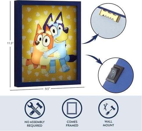 لوحة فنية جدارية مزدوجة LED من Bluey & Bingo، ديكور غرفة الأطفال، طباعة كرتونية رسمية باللون الأزرق، عمل فني مؤطر ملون لغرفة اللعب أو الحضانة أو غرفة النوم، 9.5 بوصة × 11.5 بوصة in Kuwait