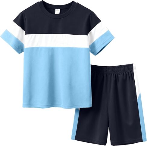 ملابس الأولاد طقم ملابس صيفي مكون من قطعتين تي شيرت وشورت بنمط كتلة الألوان للأعمار من 6 إلى 14 سنة in Kuwait