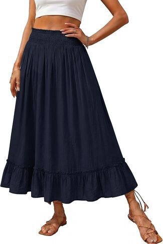 Luvamia تنانير طويلة للنساء العصرية فلوي كشكش Smocked الخصر ألف خط بوهو سوينغ تنورة طويلة مع جيوب عطلة الشاطئ in Saudi Arabia