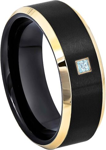 0.05ctw - 0.10ctw Princess Cut Blue Topaz Birthstone Cobalt Ring - Matte Black & Yellow Gold IP Beveled Edge Cobalt Mens Wedding Band - November Birthstone Ring in Saudi Arabia