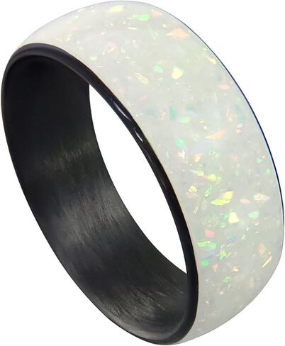 Handmade Wedding Ring - Men's or Women's Carbon Fiber Ring with Pearl White Opal Inlay in Kuwait
