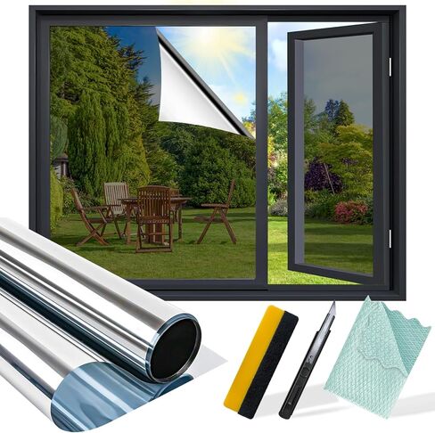 One Way Privacy Window Film with Installation Tools, Window Tint for Home Heat Blocking, See Out Not in Effect Privacy Films, Anti UV Glass Door Film for Home Office (Silver 17.5" x 78.7") in Saudi Arabia