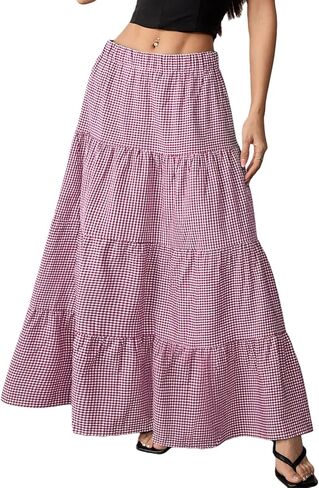 Women's Plaid Maxi Skirt A-Line Ruffle Tiered Elastic High Waist Pleated Y2K Flowy Long Skirts in Saudi Arabia