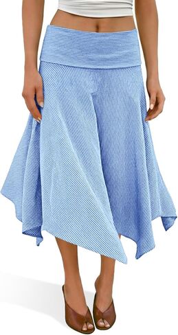 Tankaneo Womens Striped High Waisted Skirt Summer Casual Asymmetric Hem Flowy A Line Midi Skirts in Saudi Arabia