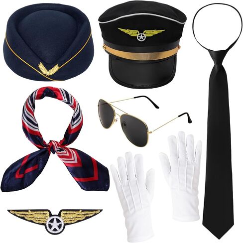 Pilot Captain Costumes Flight Attendant Stewardess Accessories Hat Sunglasses Scarf for Adult Halloween Cosplay Party in Saudi Arabia