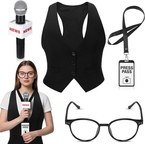 4 Pcs Adult Journalist News Reporter Costume Accessories Set Black Vest Press Pass Microphone Prop Glasses for Halloween Reporter Role Play Career Day Party Accessories in Saudi Arabia