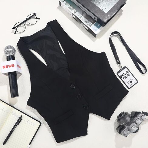 4 Pcs Adult Journalist News Reporter Costume Accessories Set Black Vest Press Pass Microphone Prop Glasses for Halloween Reporter Role Play Career Day Party Accessories in Saudi Arabia