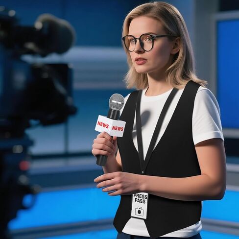 4 Pcs Adult Journalist News Reporter Costume Accessories Set Black Vest Press Pass Microphone Prop Glasses for Halloween Reporter Role Play Career Day Party Accessories in Saudi Arabia