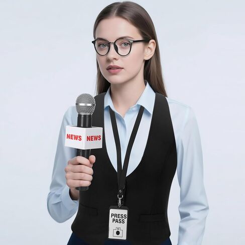 4 Pcs Adult Journalist News Reporter Costume Accessories Set Black Vest Press Pass Microphone Prop Glasses for Halloween Reporter Role Play Career Day Party Accessories in Saudi Arabia