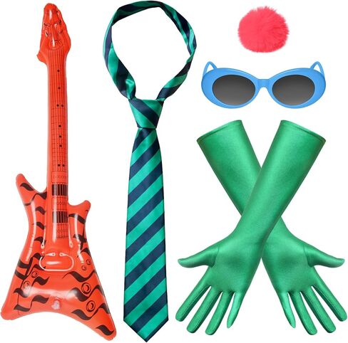 Green Costume Accessories with Stripe Tie Blue Glasses Gloves Pink Pom-Pom and Bass Prop for Halloween Cosplay Party in Saudi Arabia