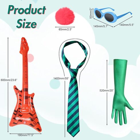 Green Costume Accessories with Stripe Tie Blue Glasses Gloves Pink Pom-Pom and Bass Prop for Halloween Cosplay Party in Saudi Arabia