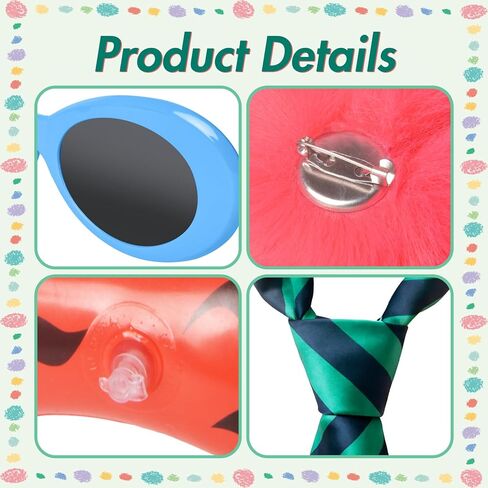 Green Costume Accessories with Stripe Tie Blue Glasses Gloves Pink Pom-Pom and Bass Prop for Halloween Cosplay Party in Saudi Arabia