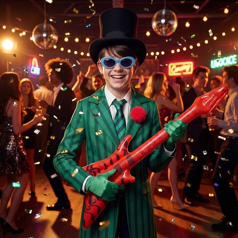 Green Costume Accessories with Stripe Tie Blue Glasses Gloves Pink Pom-Pom and Bass Prop for Halloween Cosplay Party in Saudi Arabia