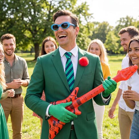 Green Costume Accessories with Stripe Tie Blue Glasses Gloves Pink Pom-Pom and Bass Prop for Halloween Cosplay Party in Saudi Arabia