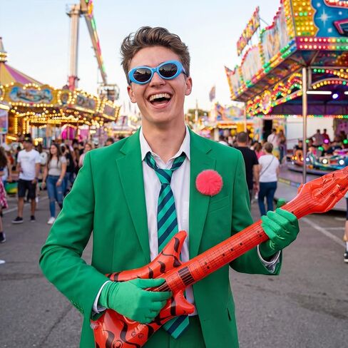 Green Costume Accessories with Stripe Tie Blue Glasses Gloves Pink Pom-Pom and Bass Prop for Halloween Cosplay Party in Saudi Arabia