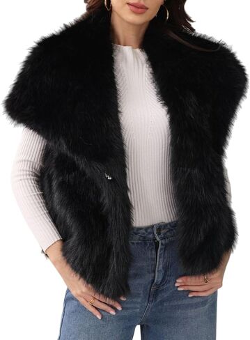 سترة نسائية من ALSOGO مصنوعة من الفرو الصناعي وياقة طية صدر السترة بدون أكمام وسترة غامضة ومعاطف شتوية ملابس خارجية منفوشة مع جيوب in Kuwait