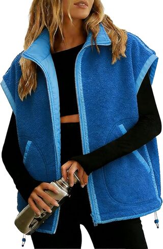 سترة نسائية من صوف الشيربا بدون أكمام بياقة واقفة وسترة بسحاب مع جيوب لباس يومي غير رسمي ملابس خارجية للخريف والشتاء in Kuwait